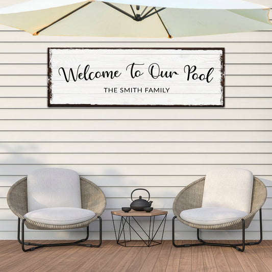 Personalized welcome to our pool canvas sign with custom family name