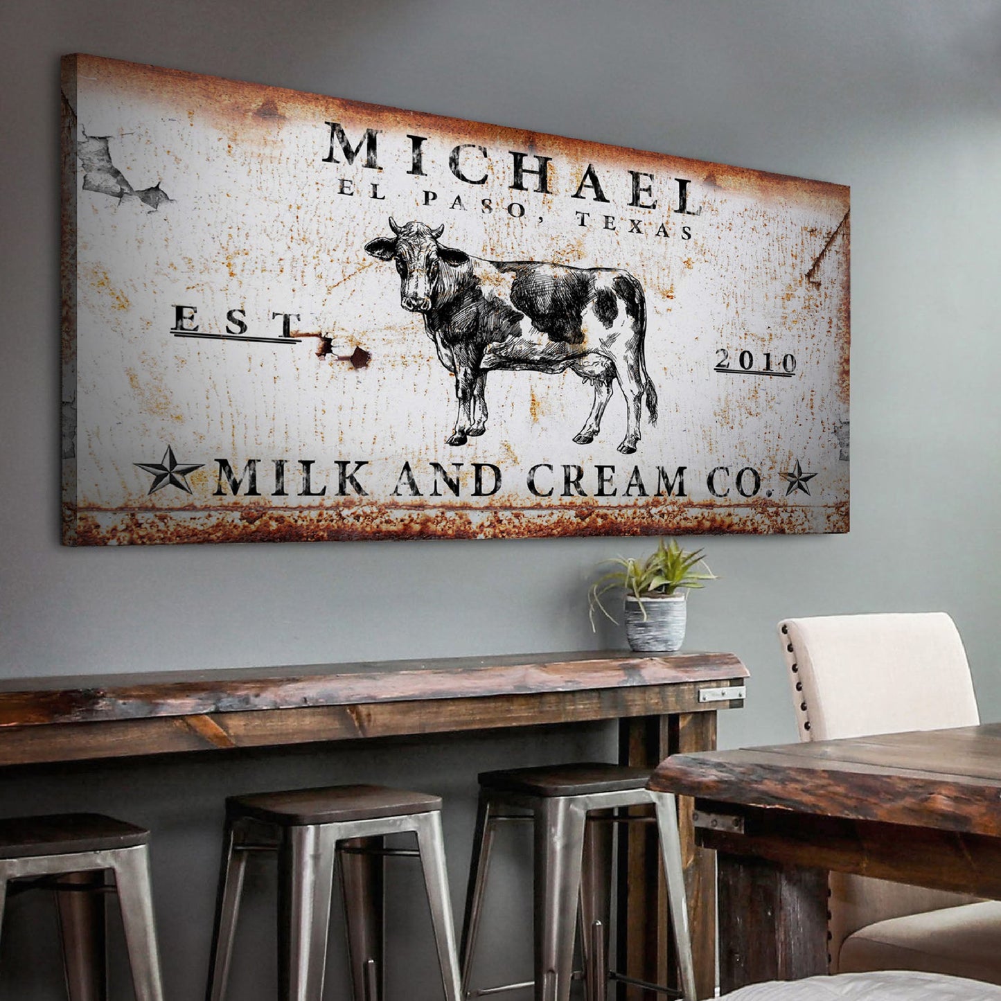 Milk and Cream Co vintage farmhouse kitchen canvas sign with weathered lettering