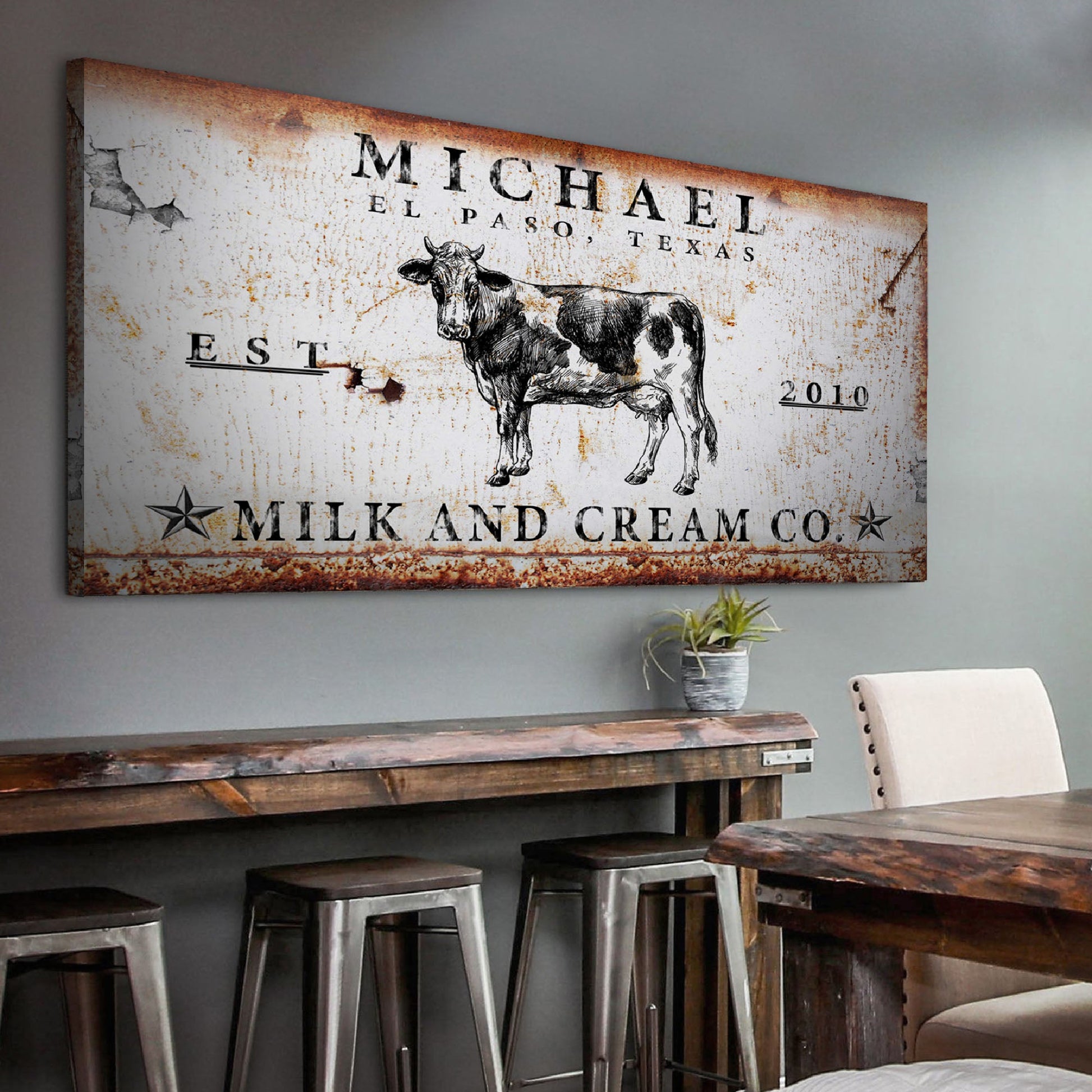 Milk and Cream Co vintage farmhouse kitchen canvas sign with weathered lettering