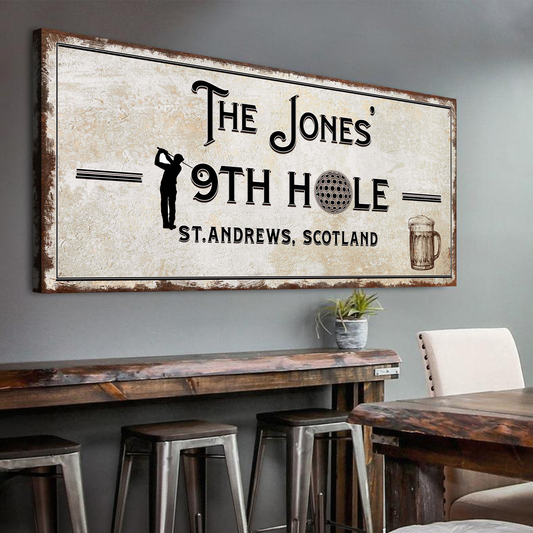 19th Hole golf personalized rustic canvas sign with family name
