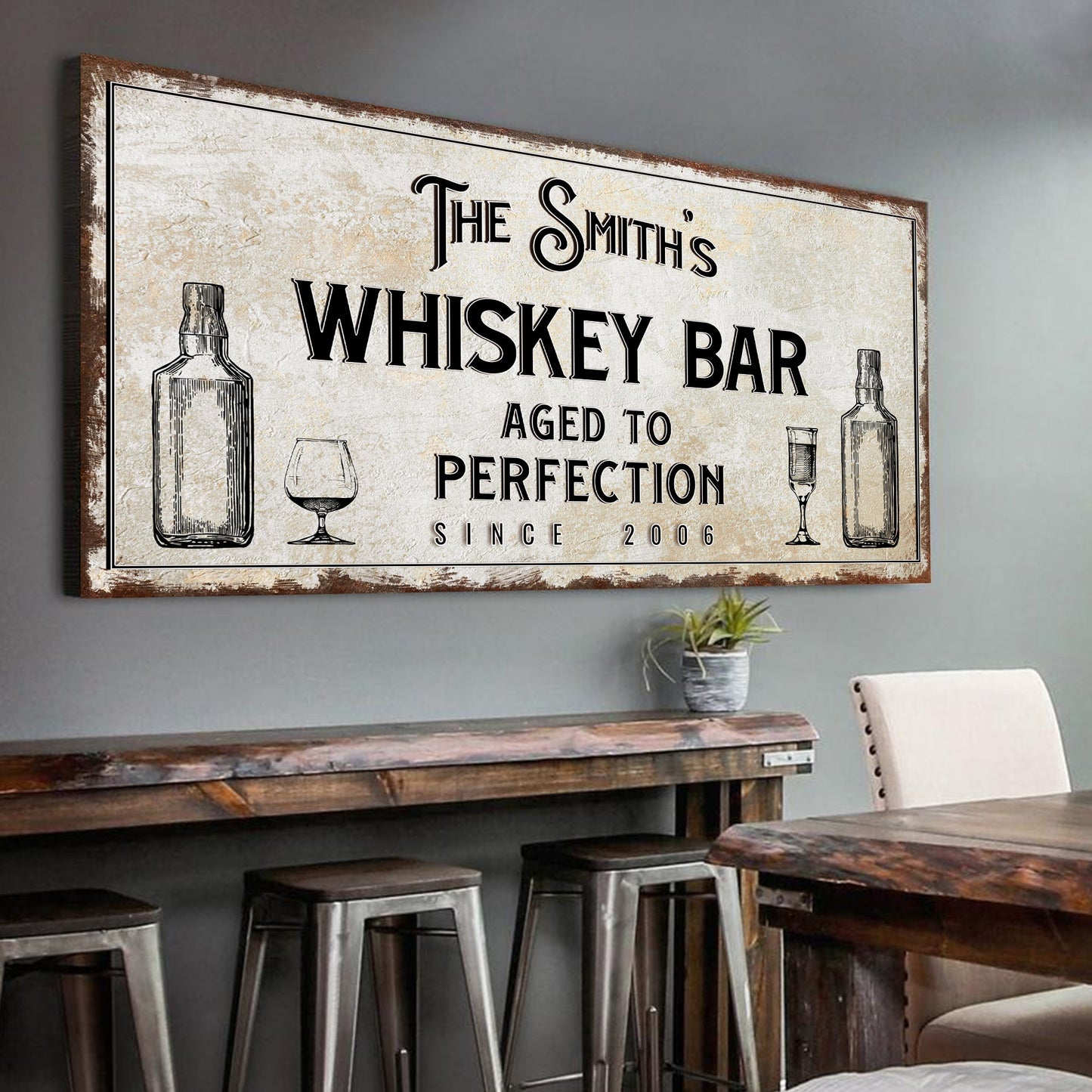 Personalized Whiskey Bar canvas sign for a home bar, rustic wall art, ready to hang