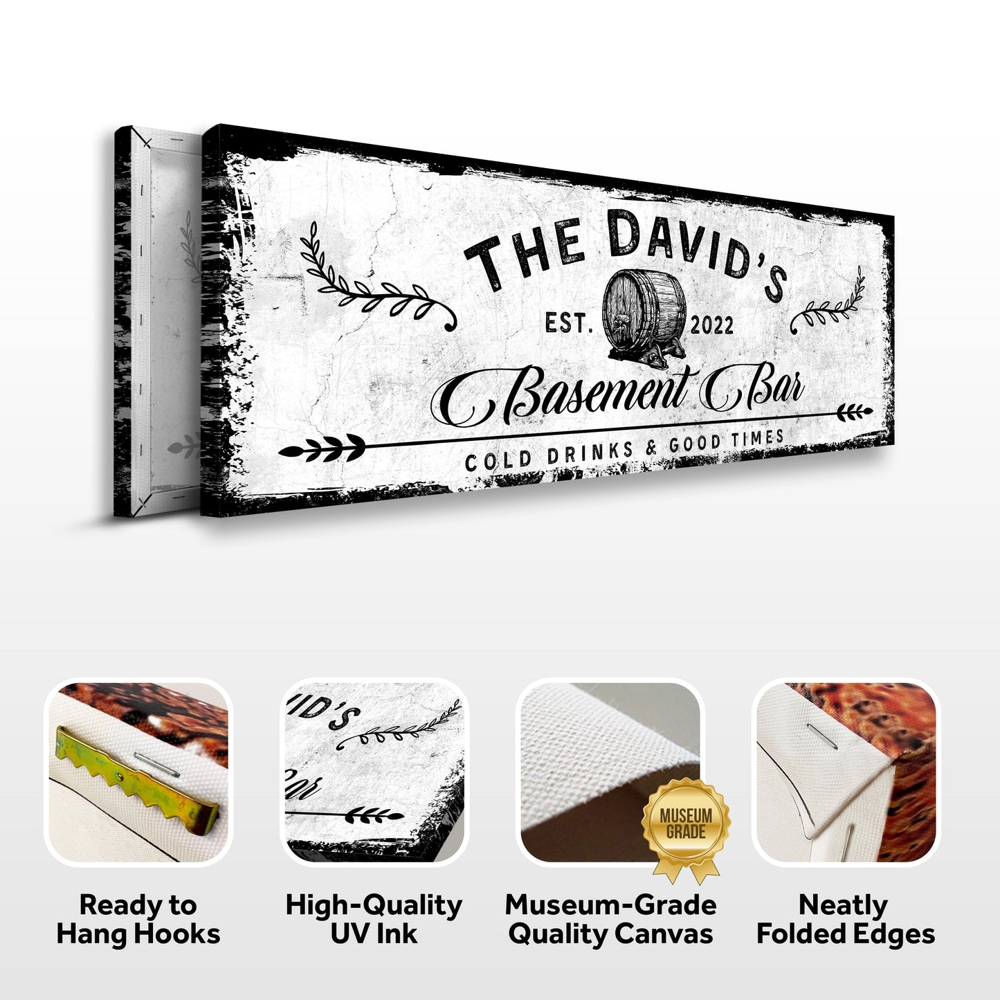 Basement Bar Barrel Personalized Canvas Sign