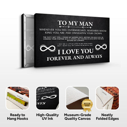 To My Man sign canvas front and side, with text: Ready to Hang Hooks, High-Quality UV Ink, Museum-Grade Quality Canvas, Neatly Folded Edges