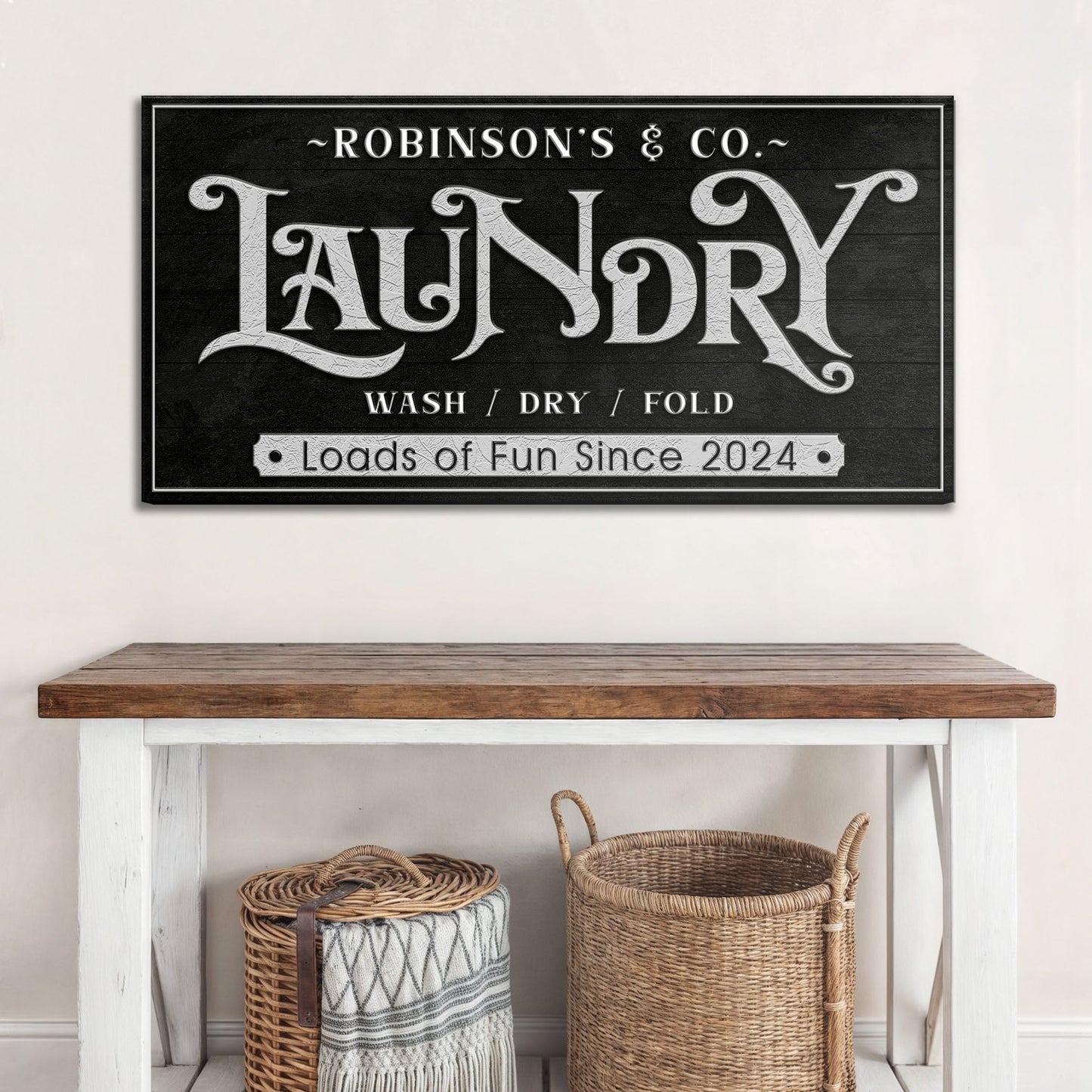 Laundry room canvas sign with witty wide-format typography for laundry and utility rooms