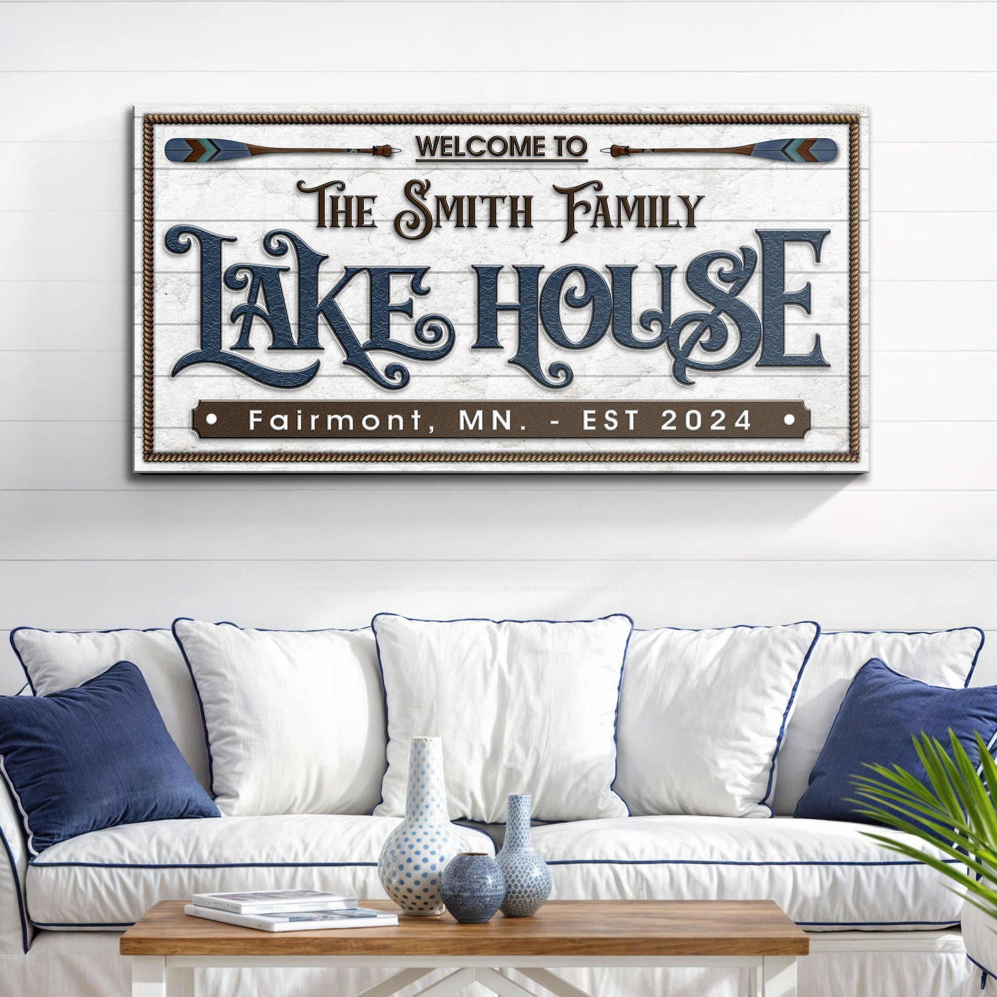 Lake house canvas sign with rustic typography for lake cabin living room decor