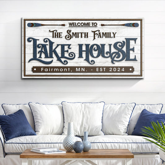 Lake house canvas sign with rustic typography for lake cabin living room decor