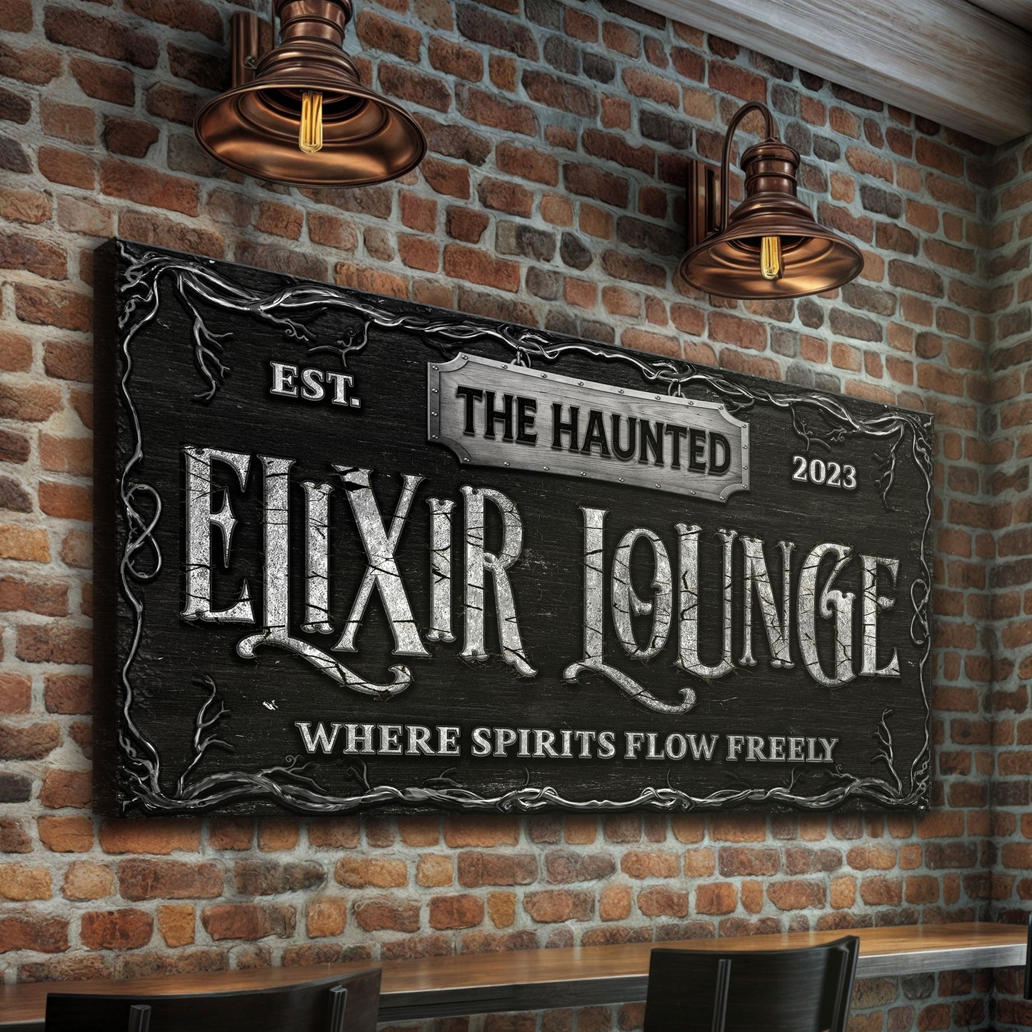 Haunted Elixir Lounge Halloween canvas wall art with gothic bar typography, gallery-wrapped