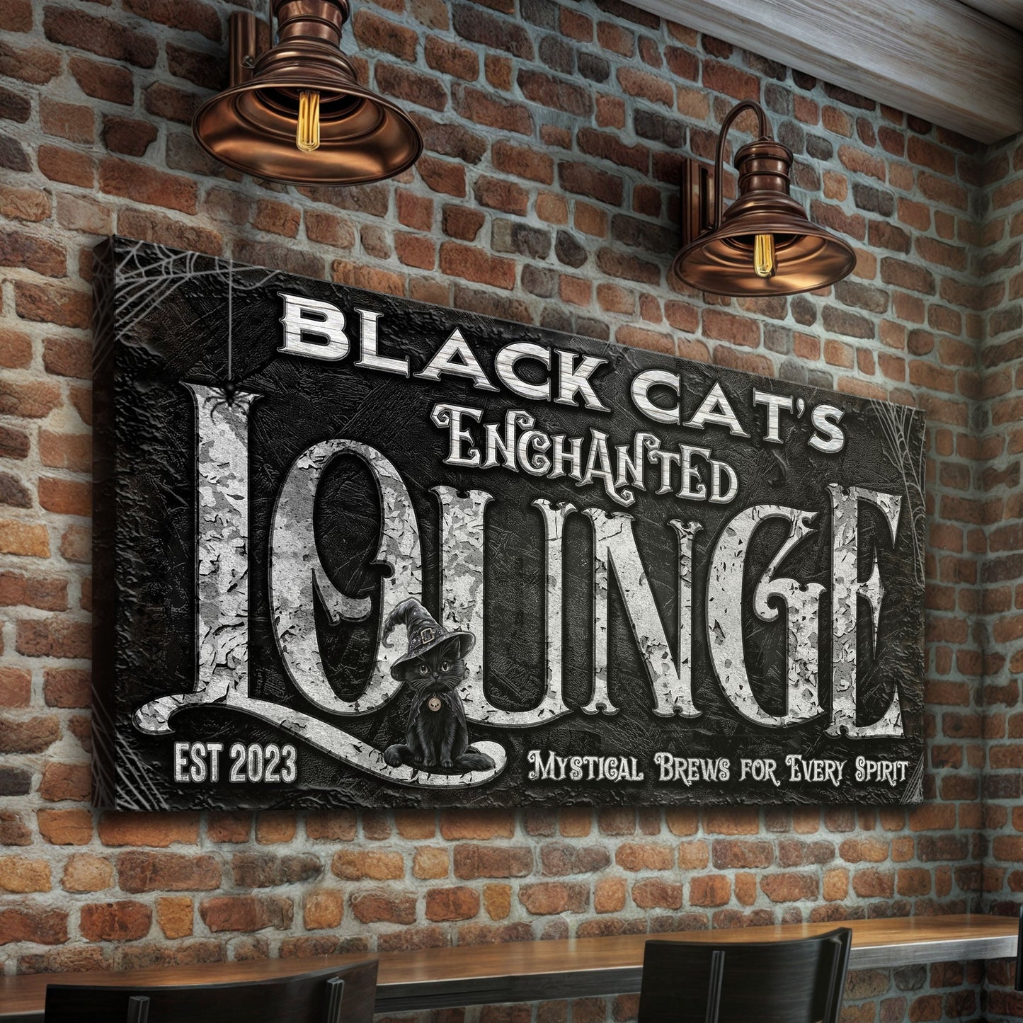 Black cat enchanted lounge Halloween canvas wall art with festive spooky cat decor