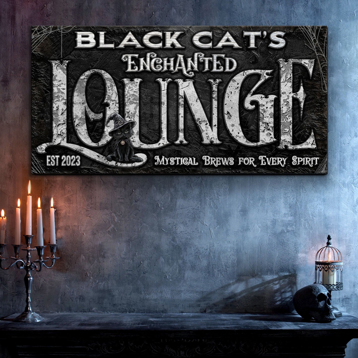 Black Cat's Enchanted Lounge Halloween Canvas Wall Art