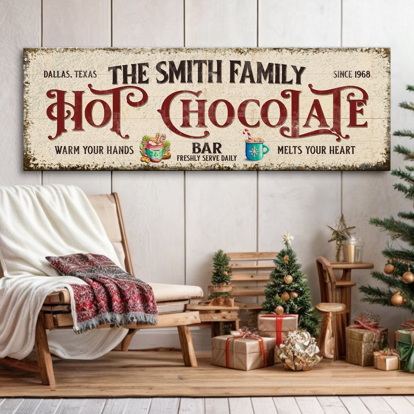 Hot Chocolate Christmas Bar canvas wall art with festive vintage typography for holiday kitchen decor on gallery-wrapped canvas
