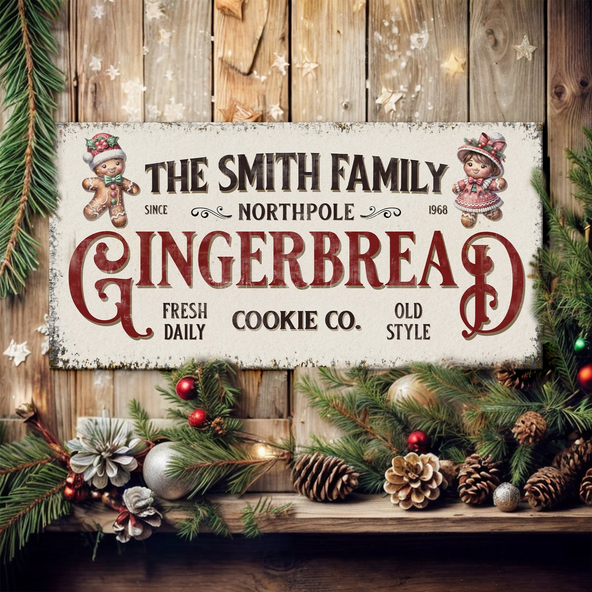 Family gingerbread bakery Christmas canvas wall art sign with festive holiday typography