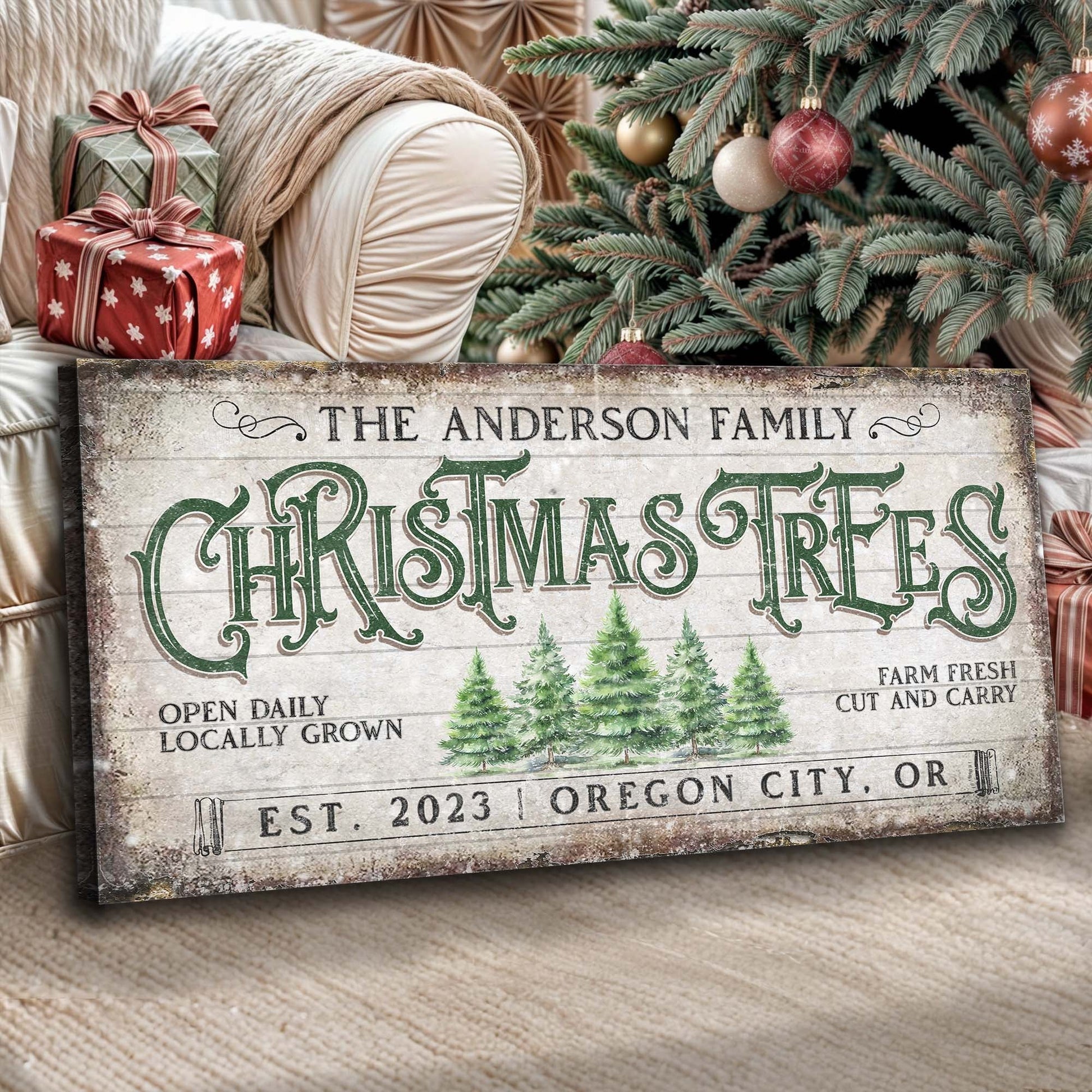 Family Christmas tree farm canvas wall art sign IV with vintage holiday imagery