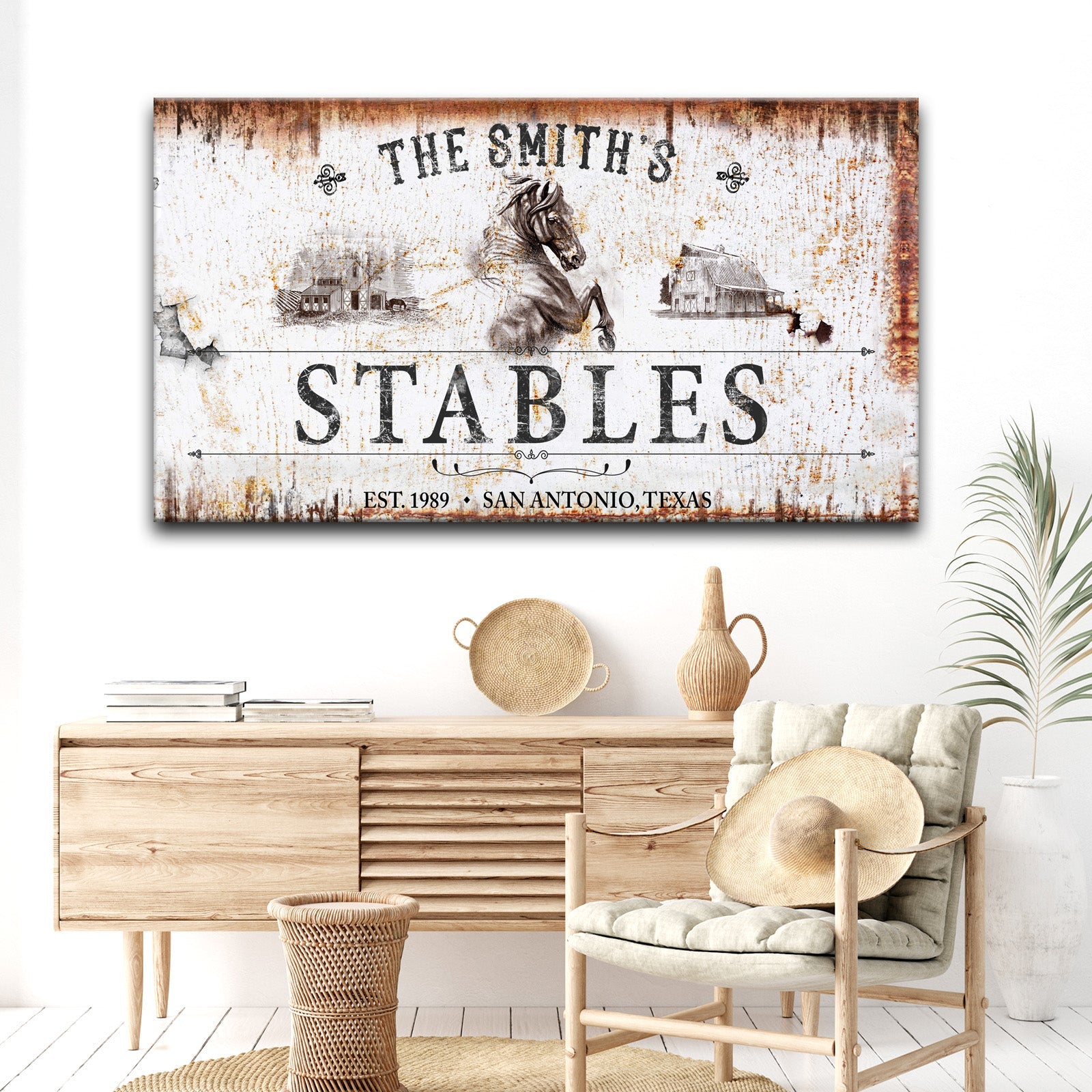 Rustic Stables farmhouse canvas wall art in a country hallway