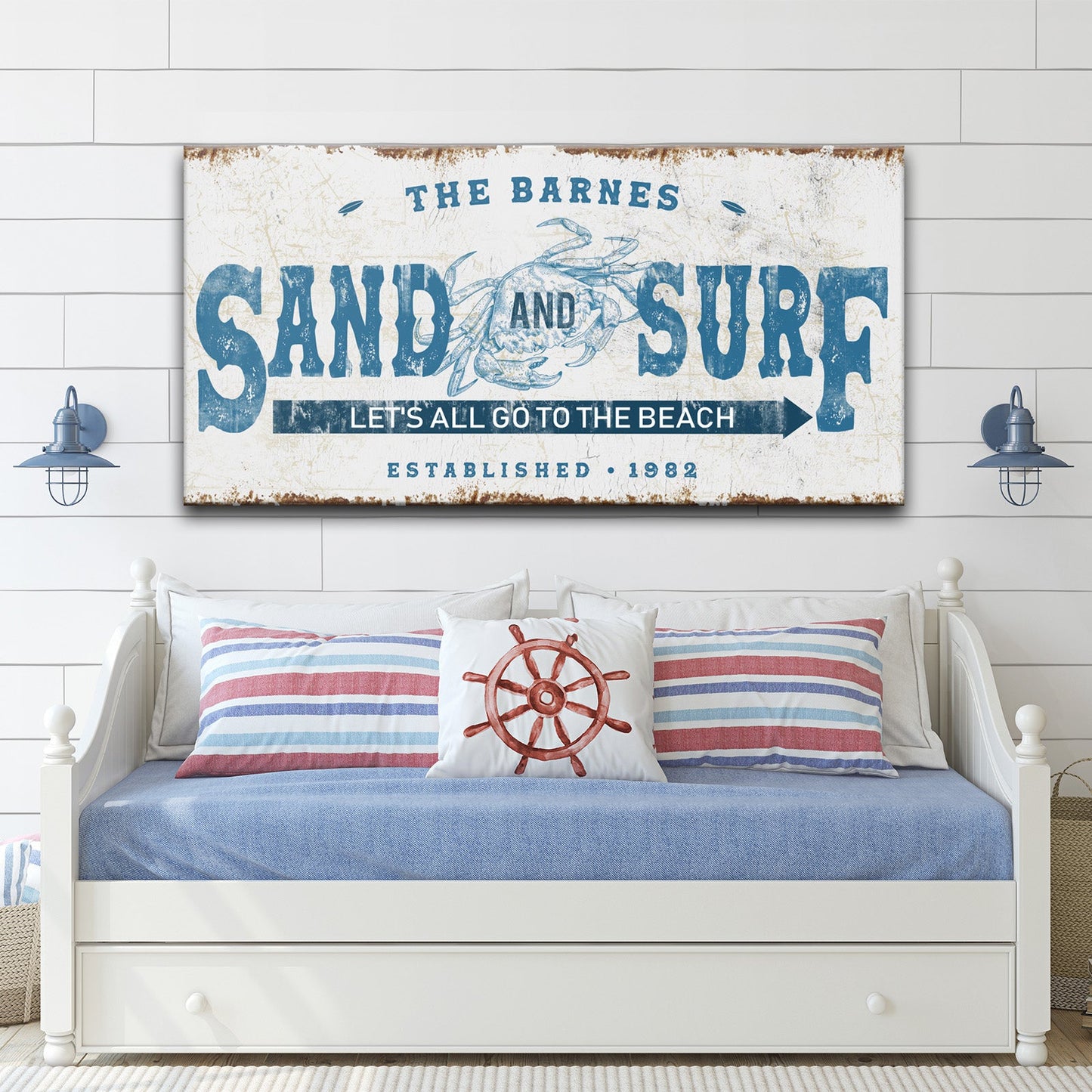 Sand and Surf beach house canvas wall art in calm coastal tones, ready to hang