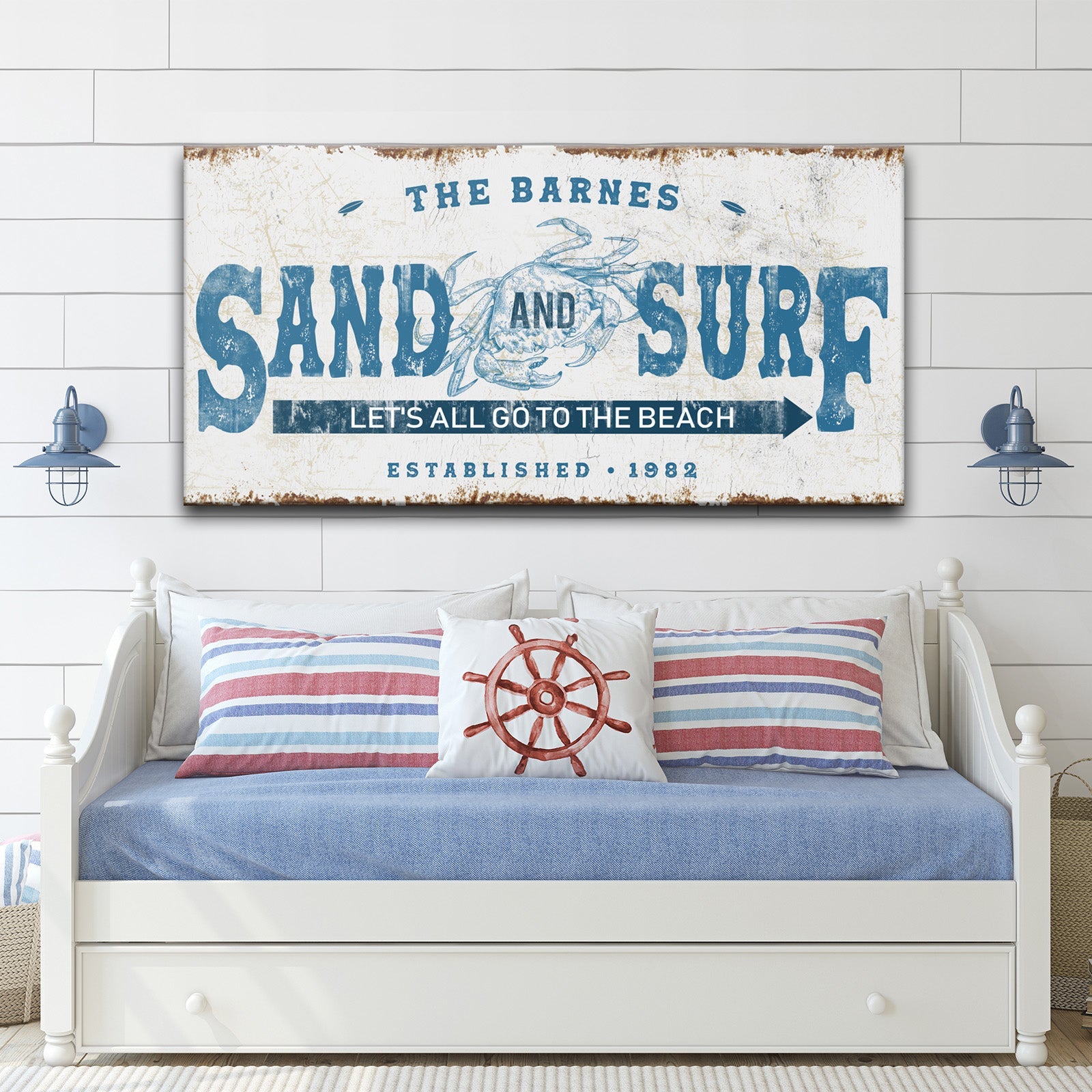 Sand and Surf beach house canvas wall art in calm coastal tones, ready to hang