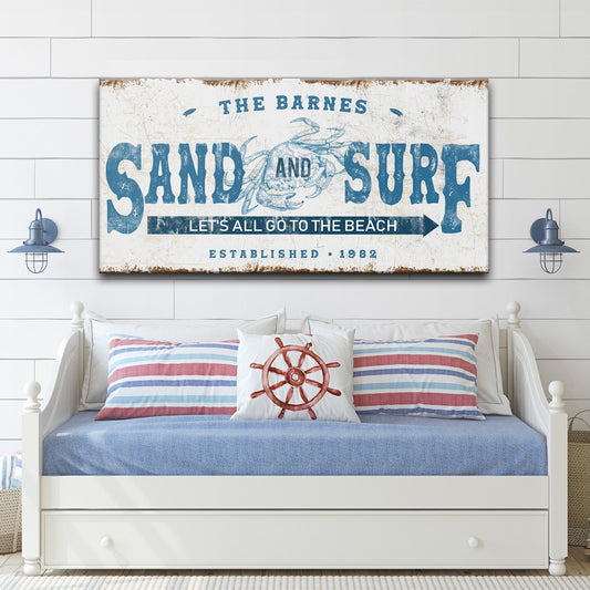 Sand and Surf beach house canvas wall art in calm coastal tones, ready to hang