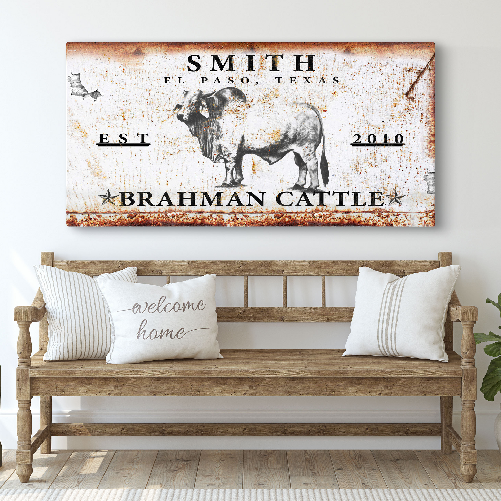 Brahman Cattle canvas wall art in a farmhouse living room