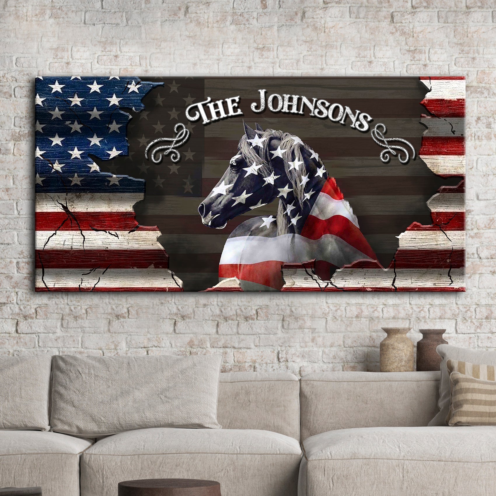 Personalized horse family name canvas wall art in a ranch home