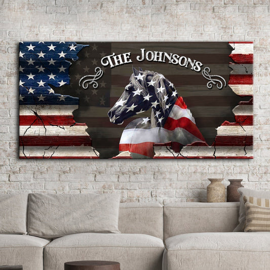 Personalized horse family name canvas wall art in a ranch home