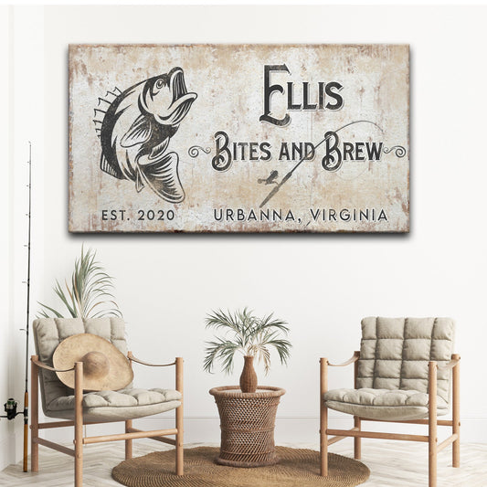 Bites and Brews canvas wall art in a kitchen and bar area