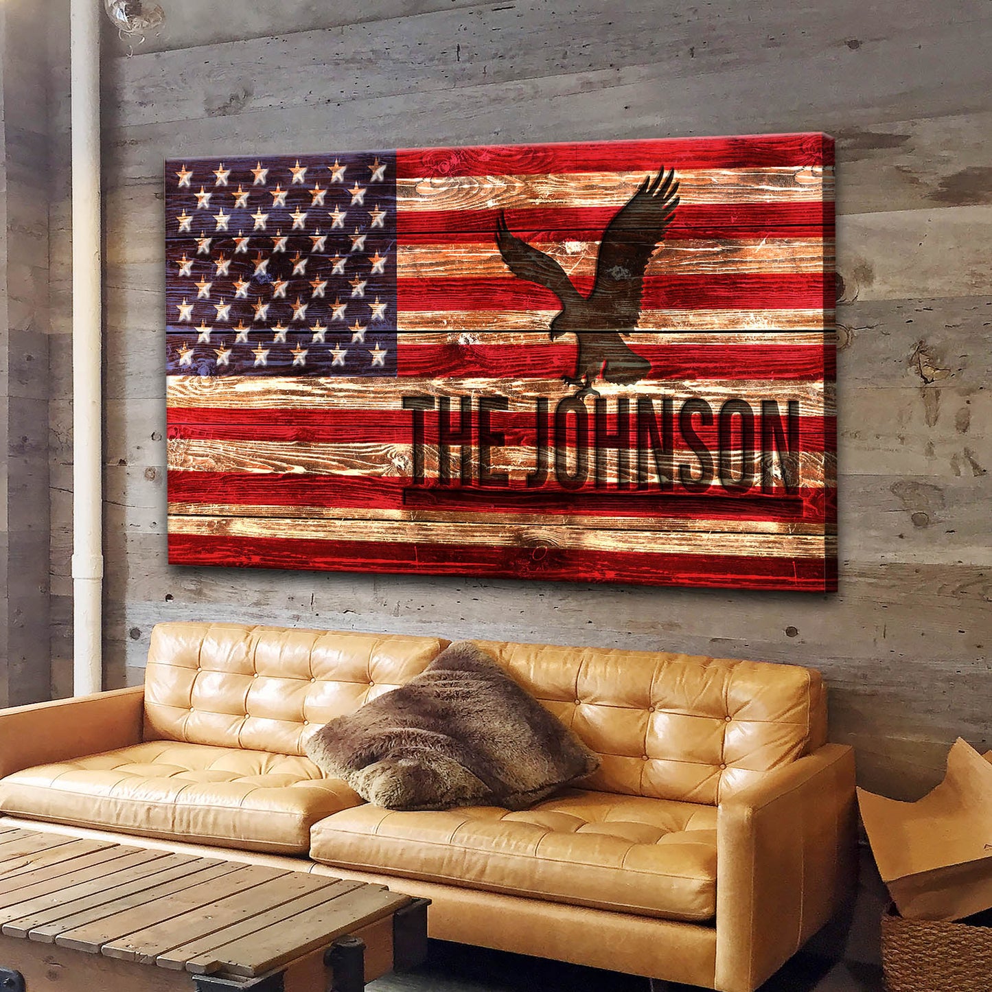 Rustic American Flag Family Name Sign Canvas Wall Art