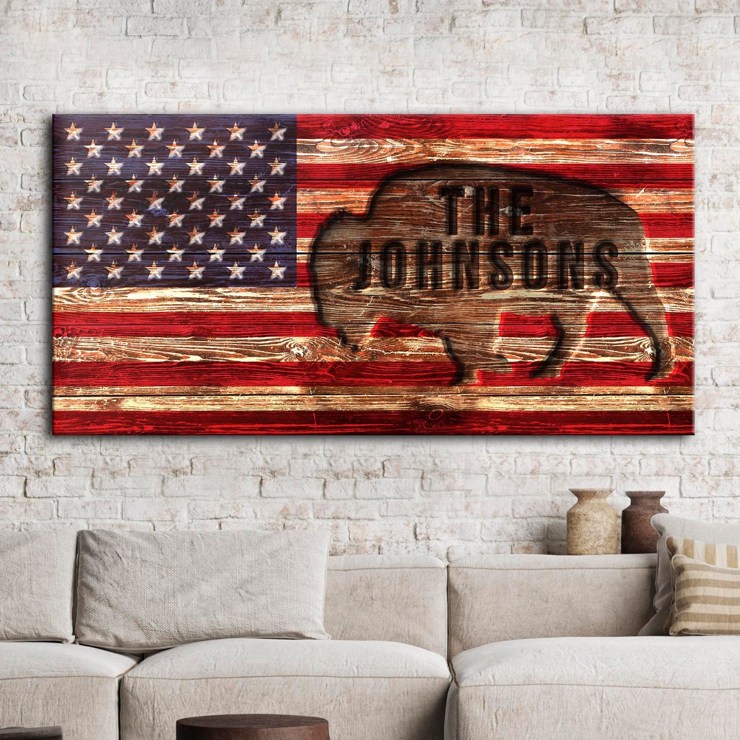 Rustic American Flag Family Name Sign Canvas Wall Art