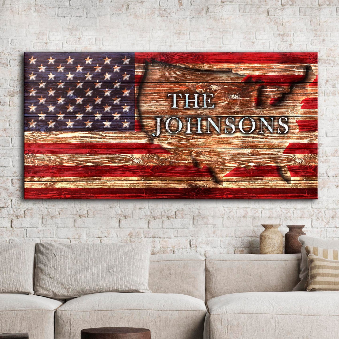 Rustic American Flag Family Name Sign Canvas Wall Art