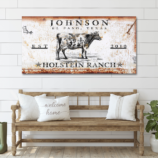 Holstein ranch personalized canvas sign with black and white dairy cow