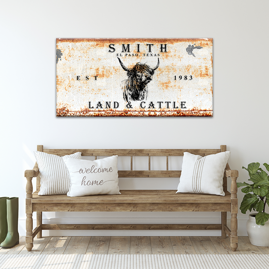 Land and cattle rustic canvas wall art with distressed typography for farmhouse decor