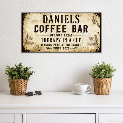 Therapy In A Cup Coffee Bar canvas sign with rustic styling
