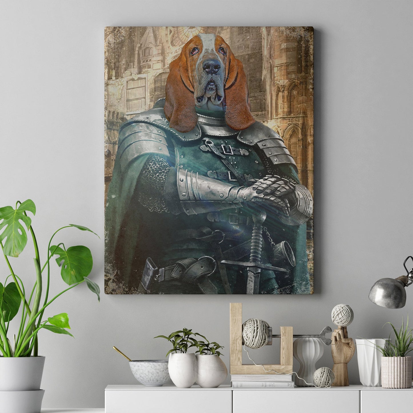 Personalized Basset Hound dressed as a medieval knight pet portrait canvas sign