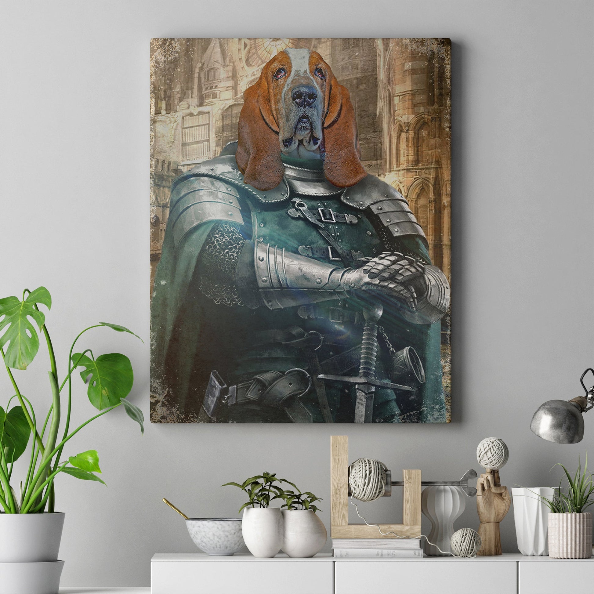 Personalized Basset Hound dressed as a medieval knight pet portrait canvas sign