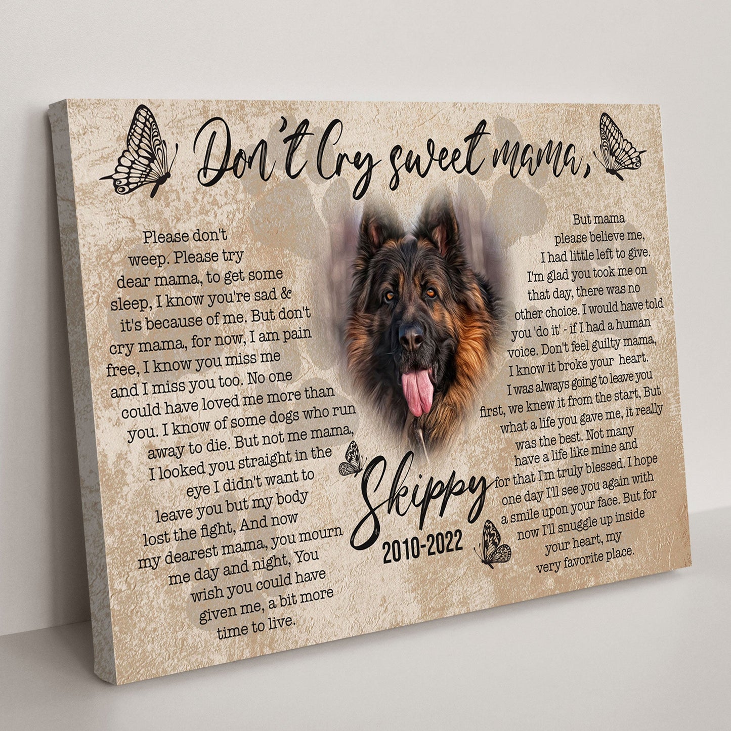 Pet Memorial Don't Cry Sweet Mama Canvas Sign