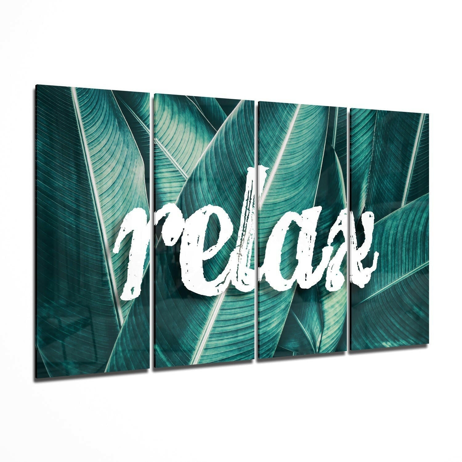 Relax glass wall art hanging in a modern living room