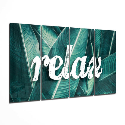 Relax glass wall art hanging in a modern living room