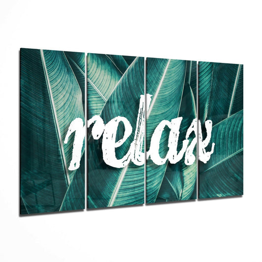 Relax glass wall art hanging in a modern living room