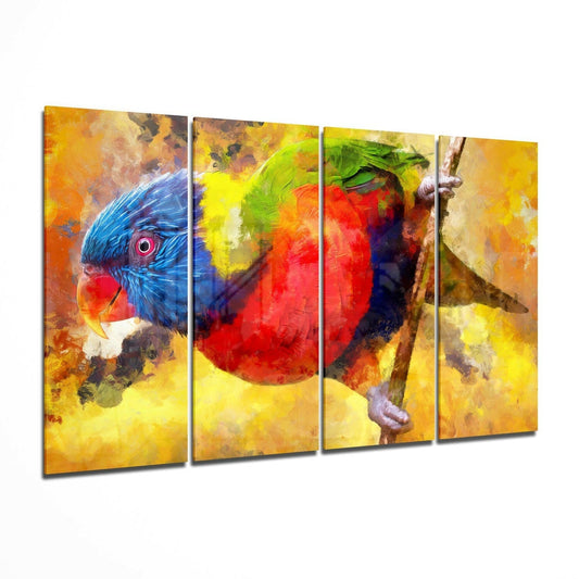 Parrot tropical bird 4-piece glass wall art on a wall