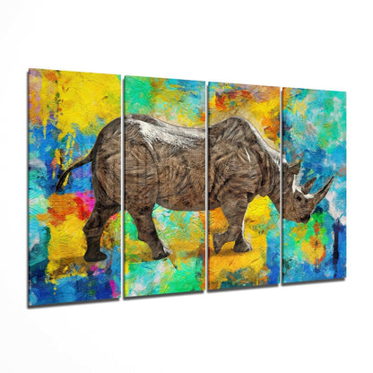 Rhino glass wall art hanging in a modern living room