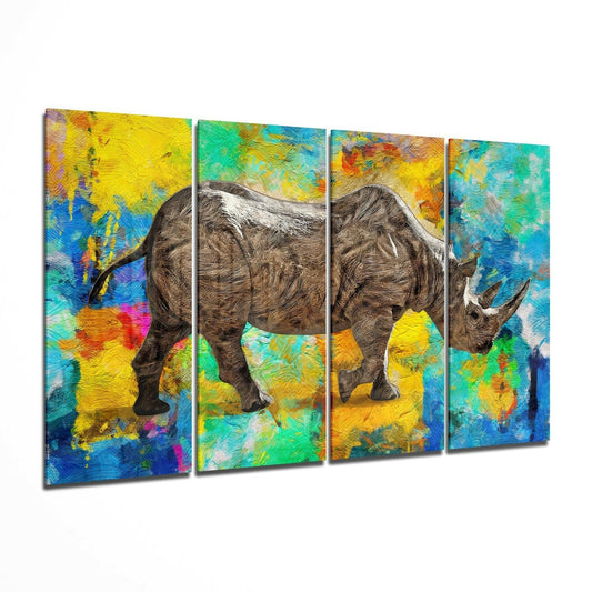 Rhino glass wall art hanging in a modern living room