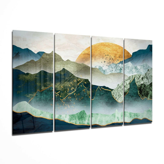 Japanese Sunset four-piece glass wall art with landscape design