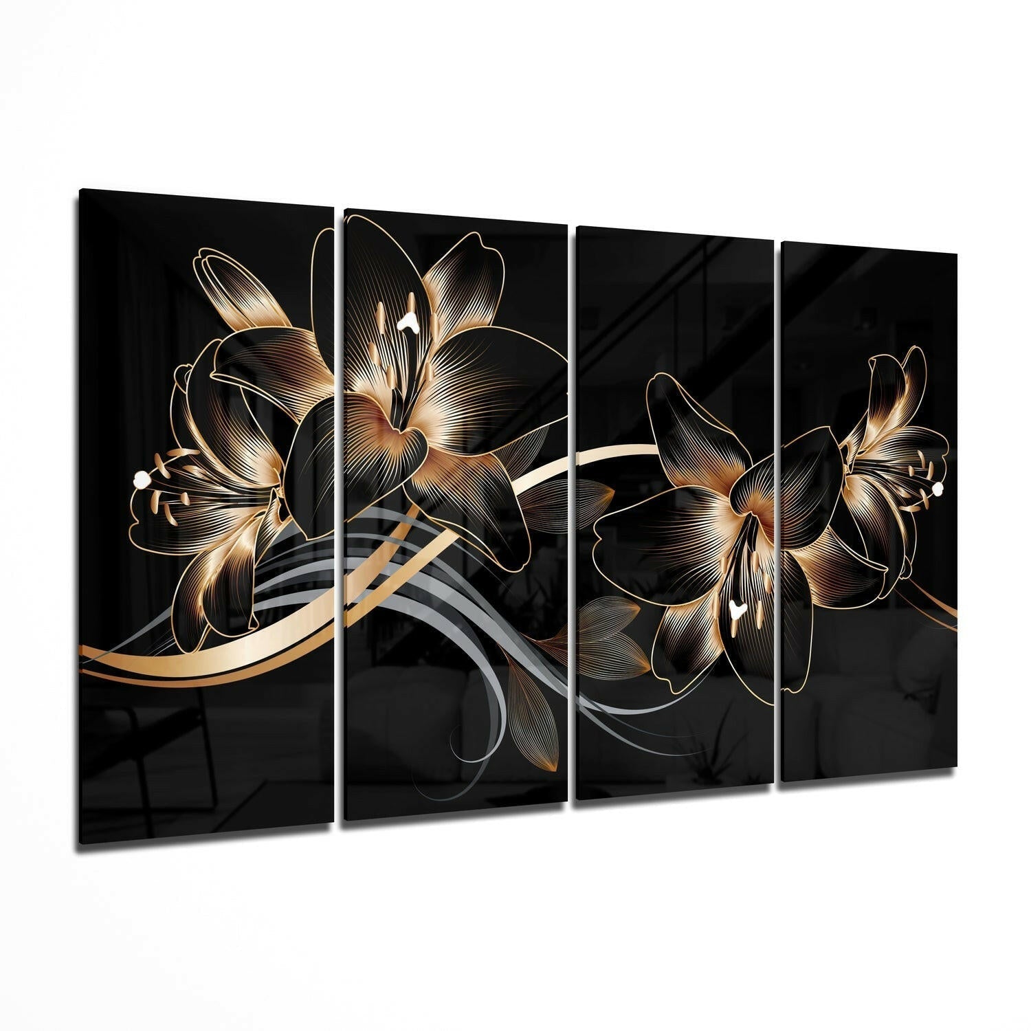 Flower Wave 4-piece glass wall art set in soft floral tones across four tempered glass panels