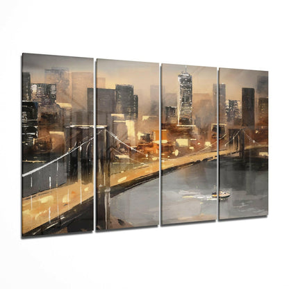 Manhattan Skyline glass wall art hanging in a modern living room