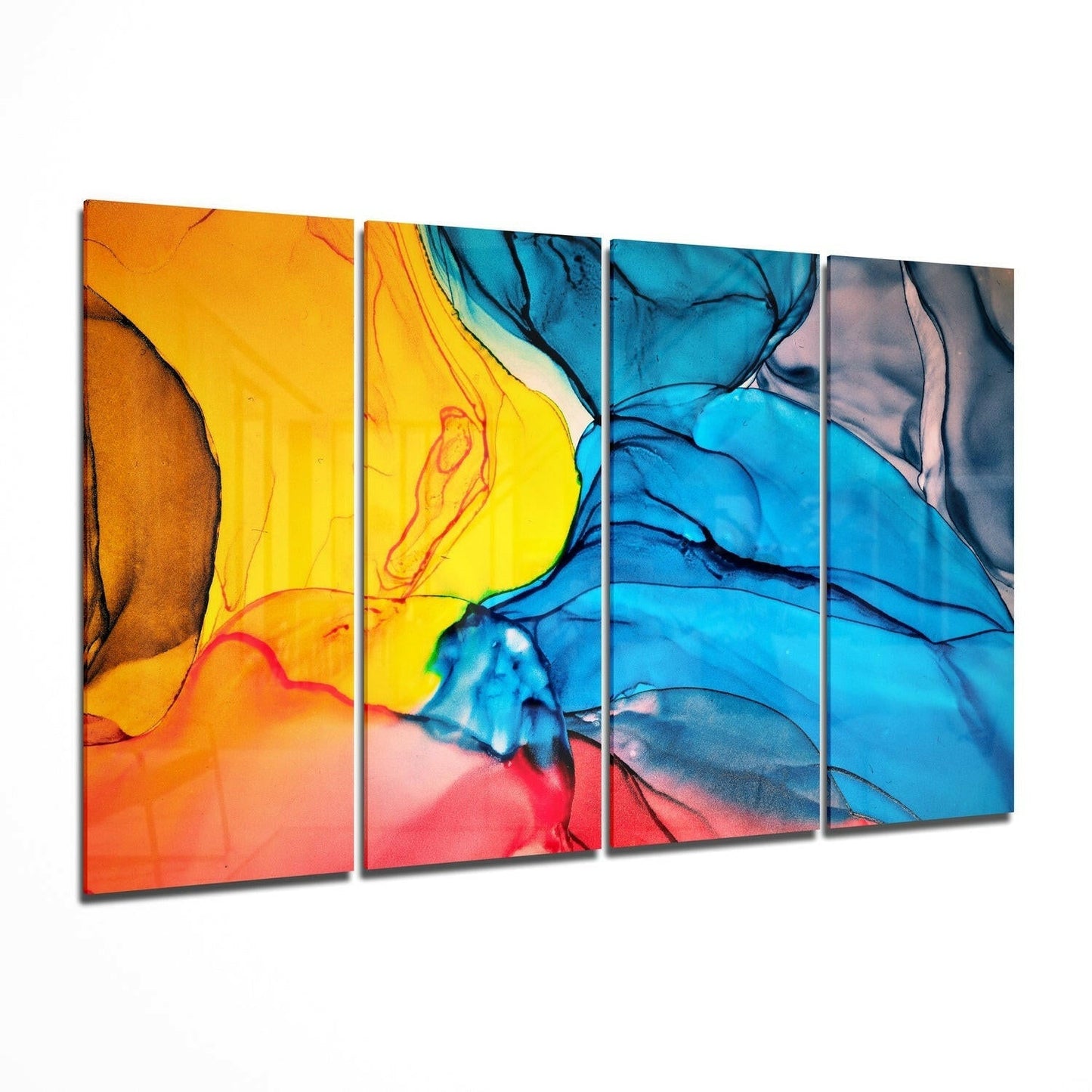 Dance of Colors glass wall art hanging in a modern living room