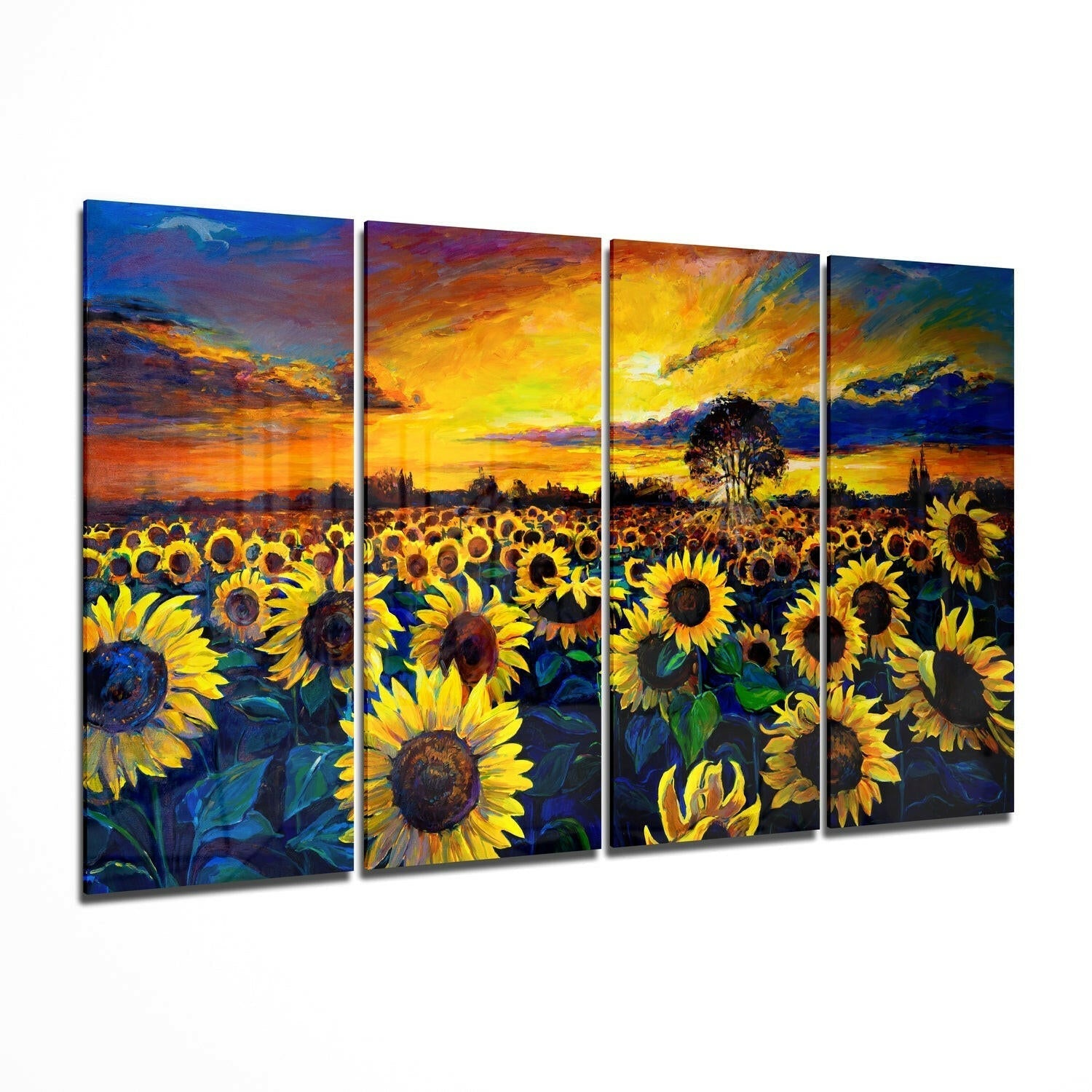 Sunflowers glass wall art hanging in a modern living room
