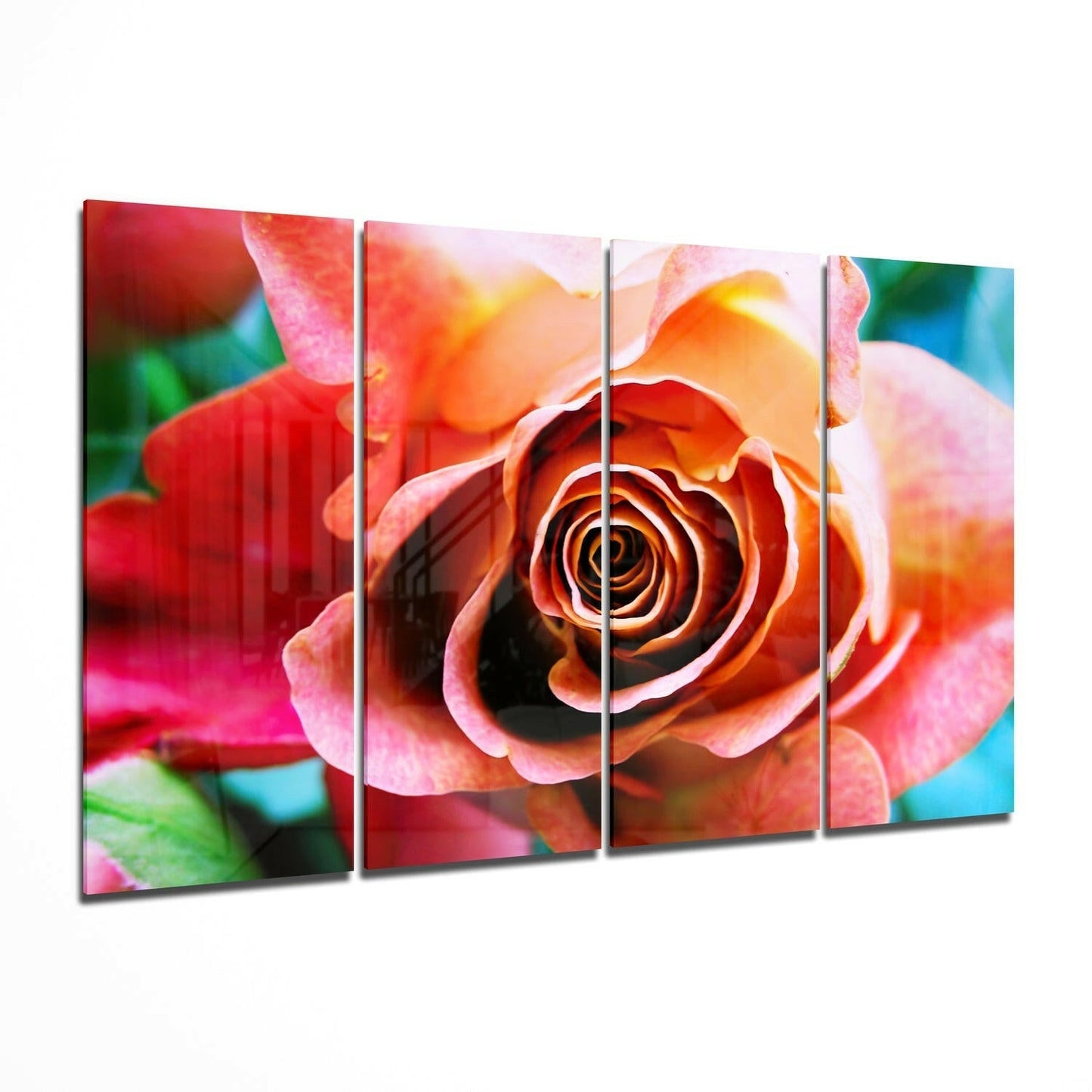 Rose glass wall art featuring a close-up floral design