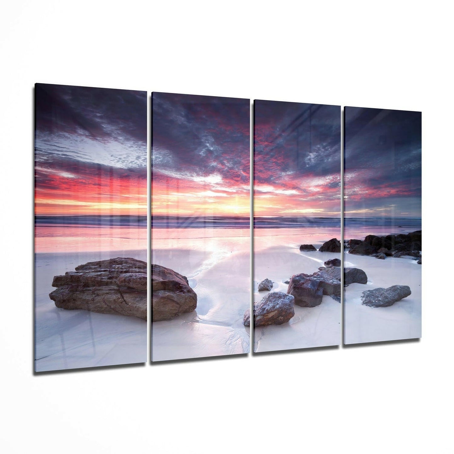 Sunset at the Beach four-piece glass wall art with coastal sunset design