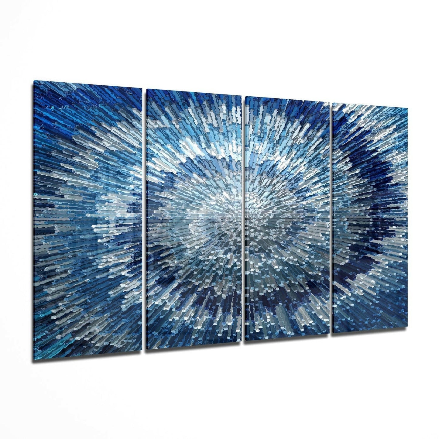 Blue Spiral abstract 4-piece glass wall art on a wall