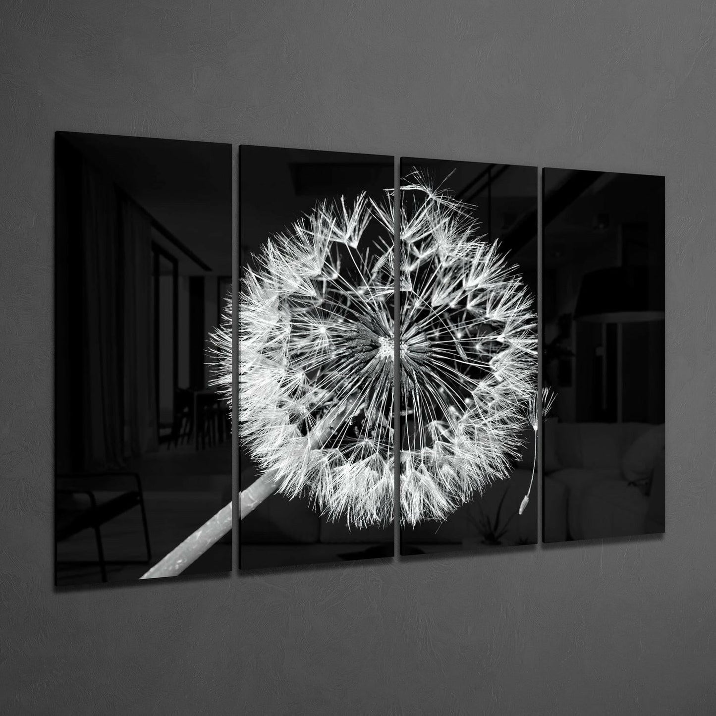 Dandelion floral 4-piece glass wall art on a wall