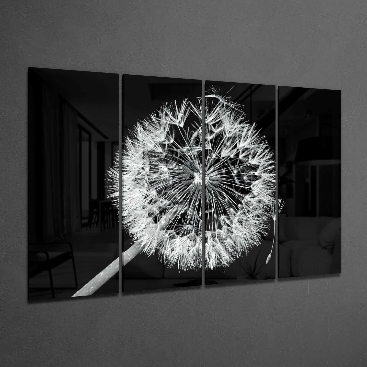 Dandelion floral 4-piece glass wall art on a wall