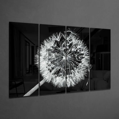 Dandelion floral 4-piece glass wall art on a wall